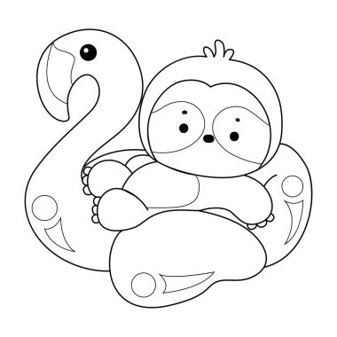 Şirin tembel hayvan vektör ikonu. Komik bebek miskin hayvan hayvan serisi örnekleri. Yumuşak tembel hayvan tasarımlarının yavaş yaşamı. Sevimli tembellerin boyama sayfaları. Flamingo lastiğine takılmış miskin hayvan çizgisi