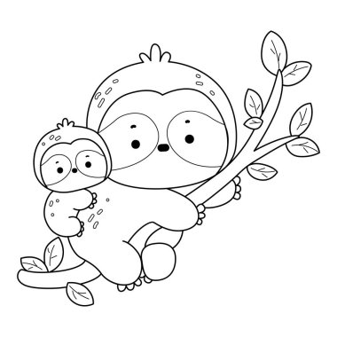 Şirin tembel hayvan vektör ikonu. Komik bebek miskin hayvan hayvan serisi örnekleri. Yumuşak tembel hayvan tasarımlarının yavaş yaşamı. Sevimli tembellerin boyama sayfaları. Anne ve miskin kızın ana hatları.