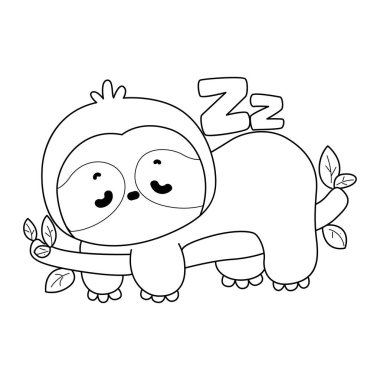 Şirin tembel hayvan vektör ikonu. Komik bebek miskin hayvan hayvan serisi örnekleri. Yumuşak tembel hayvan tasarımlarının yavaş yaşamı. Sevimli tembellerin boyama sayfaları. Dalda uyuyan tembel hayvanın ana hatları.