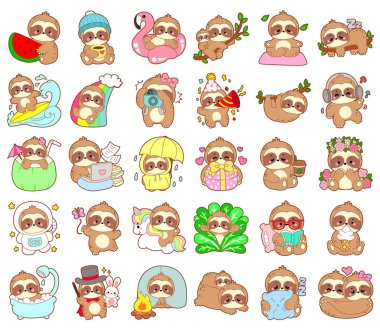 Şirin tembel hayvan vektör ikonu. Komik bebek miskin hayvan hayvan serisi örnekleri. Yumuşak tembel hayvan tasarımlarının yavaş yaşamı. Sevimli tembellerin boyama sayfaları. Etkinliklerin varyasyonunda tembellik