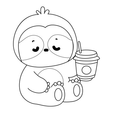 Şirin tembel hayvan vektör ikonu. Komik bebek miskin hayvan hayvan serisi örnekleri. Yumuşak tembel hayvan tasarımlarının yavaş yaşamı. Sevimli tembellerin boyama sayfaları. Tembel hayvan çizgisi, bir fincan kahve getir.