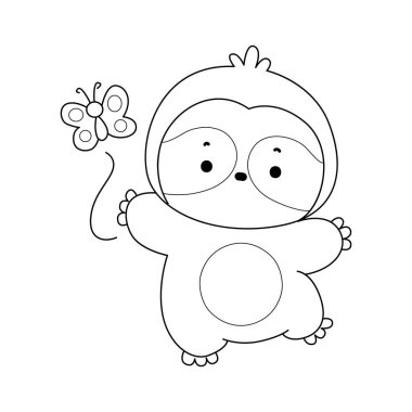 Şirin tembel hayvan vektör ikonu. Komik bebek miskin hayvan hayvan serisi örnekleri. Yumuşak tembel hayvan tasarımlarının yavaş yaşamı. Sevimli tembellerin boyama sayfaları. Kelebekli miskinliğin ana hatları