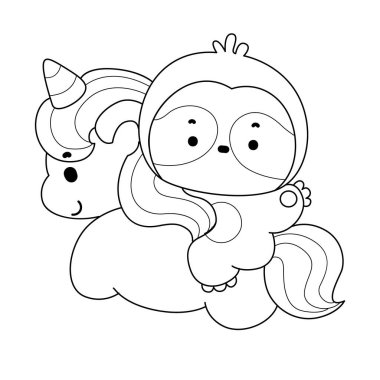 Şirin tembel hayvan vektör ikonu. Komik bebek miskin hayvan hayvan serisi örnekleri. Yumuşak tembel hayvan tasarımlarının yavaş yaşamı. Sevimli tembellerin boyama sayfaları. Tek boynuzlu ata binen tembel hayvan çizgisi.