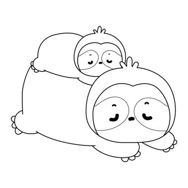 Şirin tembel hayvan vektör ikonu. Komik bebek miskin hayvan hayvan serisi örnekleri. Yumuşak tembel hayvan tasarımlarının yavaş yaşamı. Sevimli tembellerin boyama sayfaları. Tembel hayvanın anne ve kızının yatışının ana hatları.