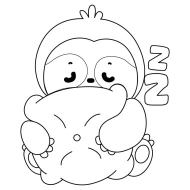 Şirin tembel hayvan vektör ikonu. Komik bebek miskin hayvan hayvan serisi örnekleri. Yumuşak tembel hayvan tasarımlarının yavaş yaşamı. Sevimli tembellerin boyama sayfaları. Tembel hayvan çizgisi Yastık getir