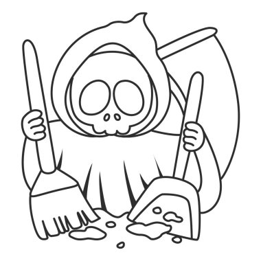 Şirin kafatası hayalet ikonu. Aktivitelerdeki komik kafatası hayaleti. Ölüm meleği elementleri. Güzel kafataslarının boyama sayfaları. Kafatasının dış hatları bir süpürge ve toz bezi getiriyor.