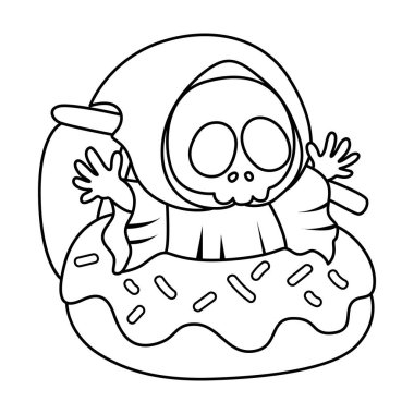 Şirin kafatası hayalet ikonu. Aktivitelerdeki komik kafatası hayaleti. Ölüm meleği elementleri. Güzel kafataslarının boyama sayfaları. Çöreğe sıkışmış kafatası çizgisi