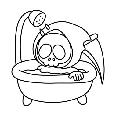 Şirin kafatası hayalet ikonu. Aktivitelerdeki komik kafatası hayaleti. Ölüm meleği elementleri. Güzel kafataslarının boyama sayfaları. Ölüm meleğinin ana hatlarıyla banyo yap.