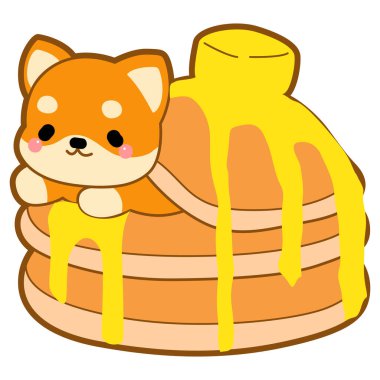 Şirin köpek yavrusu kawaii köpek sevimli hayvan vektör ikonu. Yumuşak Shiba Inu evcil hayvan etiketleri. Mutlu köpek aktiviteleri çizimleri. Shiba Inu waffle 'ın ortasında.