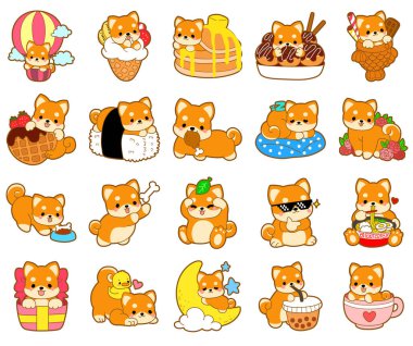 Şirin köpek yavrusu kawaii köpek sevimli hayvan vektör ikonu. Yumuşak Shiba Inu evcil hayvan etiketleri. Mutlu köpek aktiviteleri çizimleri. Şirin Shiba Inu 'nun boyama sayfaları. Shiba Inu 'nun gündelik hayatı.