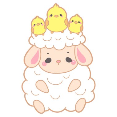 Sevimli koyun eli çizilmiş duygu simgesi. Yavru koyun illüstrasyonu etkinleşiyor. Komik koyun klipsi sanat elementleri. Piliçlerle dolu.