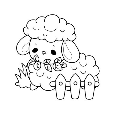 Sevimli koyun eli çizilmiş duygu simgesi. Yavru koyun illüstrasyonu etkinleşiyor. Komik koyun klipsleri sanat öğeleri. Sevimli koyunların boyama sayfaları. Otları yiyen koyunların ana hatları