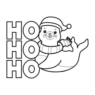 Şirin Seal ikonu. Komik bebek fok hayvan serisi illüstrasyonu. Yumuşak Fok Tasarımları Hayatı. Sevimli yılbaşı mührünün boyama sayfaları. Ho ho yazılı Noel Baba mührü taslağı.
