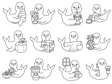 Şirin Seal ikonu. Komik bebek fok hayvan serisi illüstrasyonu. Yumuşak Fok Tasarımları Hayatı. Sayfalar dolusu şirin mühür. İçki ve içecek çeşitlerinin ana hatları.