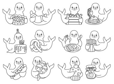 Şirin Seal ikonu. Komik bebek fok hayvan serisi illüstrasyonu. Yumuşak Fok Tasarımları Hayatı. Sayfalar dolusu şirin mühür. Fok balığının fast food ve abur cubur zamanındaki ana hatları