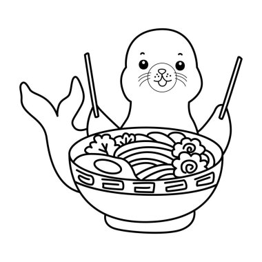 Şirin Seal ikonu. Komik bebek fok hayvan serisi illüstrasyonu. Yumuşak Fok Tasarımları Hayatı. Sayfalar dolusu şirin mühür. Fok hatları erişte yemek istiyor.