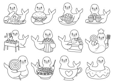 Şirin Seal ikonu. Komik bebek fok hayvan serisi illüstrasyonu. Yumuşak Fok Tasarımları Hayatı. Sayfalar dolusu şirin mühür. Abur cubur ve tatlı çeşitlerinin ana hatları.