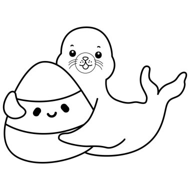 Şirin Seal ikonu. Komik bebek fok hayvan serisi illüstrasyonu. Yumuşak Fok Tasarımları Hayatı. Sayfalar dolusu şirin mühür. Sarı bir şekeri kucaklayan fokun ana hatları