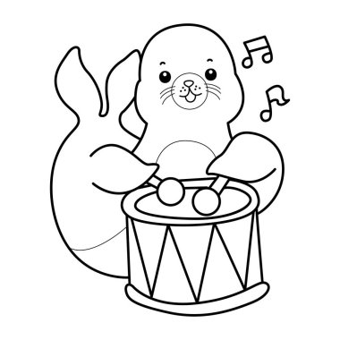 Şirin Seal ikonu. Komik bebek fok hayvan serisi illüstrasyonu. Yumuşak Fok Tasarımları Hayatı. Sayfalar dolusu şirin mühür. Karnaval 'da davul çalan fok çizgisi.