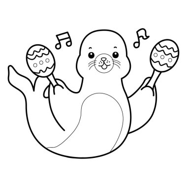 Şirin Seal ikonu. Komik bebek fok hayvan serisi illüstrasyonu. Yumuşak Fok Tasarımları Hayatı. Sayfalar dolusu şirin mühür. Bir marakas çalan fok çizgisi