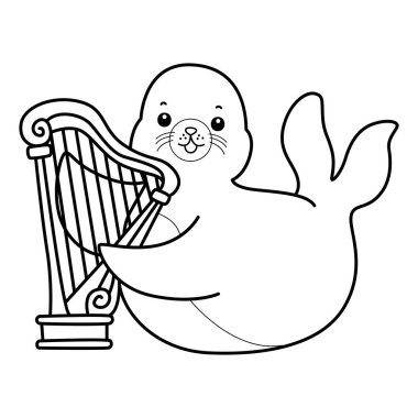 Şirin Seal ikonu. Komik bebek fok hayvan serisi illüstrasyonu. Yumuşak Fok Tasarımları Hayatı. Sayfalar dolusu şirin mühür. Harpa çalan fokun ana hatları