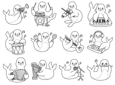 Şirin Seal ikonu. Komik bebek fok hayvan serisi illüstrasyonu. Yumuşak Fok Tasarımları Hayatı. Sayfalar dolusu şirin mühür. Enstrüman ve müziğin çeşitliliğindeki mühür ana hatları