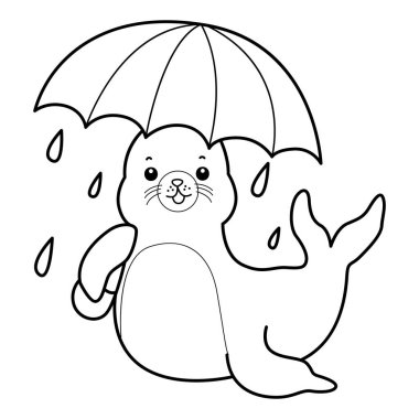 Şirin Seal ikonu. Komik bebek fok hayvan serisi illüstrasyonu. Yumuşak Fok Tasarımları Hayatı. Sayfalar dolusu şirin mühür. Mühür çizgisi bir şemsiye getir.