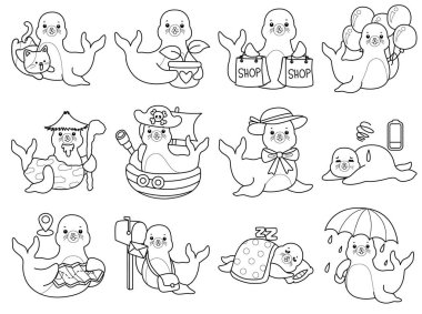 Şirin Seal ikonu. Komik bebek fok hayvan serisi illüstrasyonu. Yumuşak Fok Tasarımları Hayatı. Sayfalar dolusu şirin mühür. Etkinlik çeşitliliğindeki mühür çizgisi