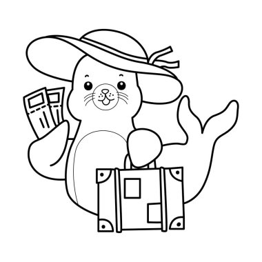 Şirin Seal ikonu. Komik bebek fok hayvan serisi illüstrasyonu. Yumuşak Fok Tasarımları Hayatı. Sayfalar dolusu şirin mühür. Mühür çizgisi Bir seyahat çantası getir