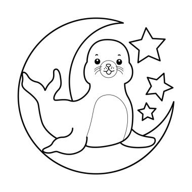 Şirin Seal ikonu. Komik bebek fok hayvan serisi illüstrasyonu. Yumuşak Fok Tasarımları Hayatı. Sayfalar dolusu şirin mühür. Ayda duran fokun ana hatları