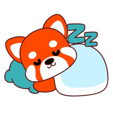 Şirin Kırmızı Panda etkinlikleri. Komik kırmızı panda çıkartmalarının simgesi. Kızıl panda battaniye ve yastıkla uyuyor.