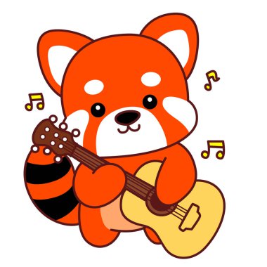 Şirin Kırmızı Panda etkinlikleri. Komik kırmızı panda çıkartmalarının simgesi. Kızıl panda gitar çalıyor.