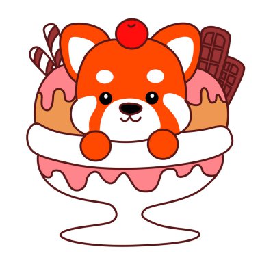 Şirin Kırmızı Panda etkinlikleri. Komik kırmızı panda çıkartmalarının simgesi. Dondurma kabında kırmızı panda