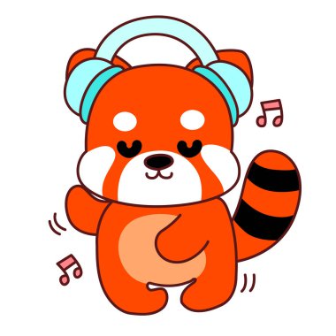 Şirin Kırmızı Panda etkinlikleri. Komik kırmızı panda çıkartmalarının simgesi. Kızıl panda kulaklıkla müzik dinlemenin keyfini çıkar.