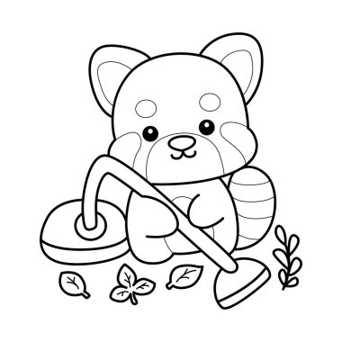 Şirin Kırmızı Panda etkinlikleri. Komik kırmızı panda çıkartmalarının simgesi. Yerleri elektrikli süpürgeyle temizleyen kırmızı panda çizgisi.
