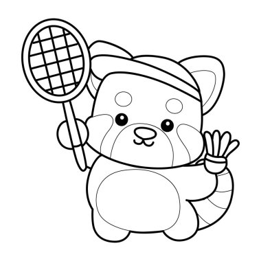 Şirin Kırmızı Panda etkinlikleri. Komik kırmızı panda çıkartmalarının simgesi. Badminton oynayan kırmızı panda çizgisi