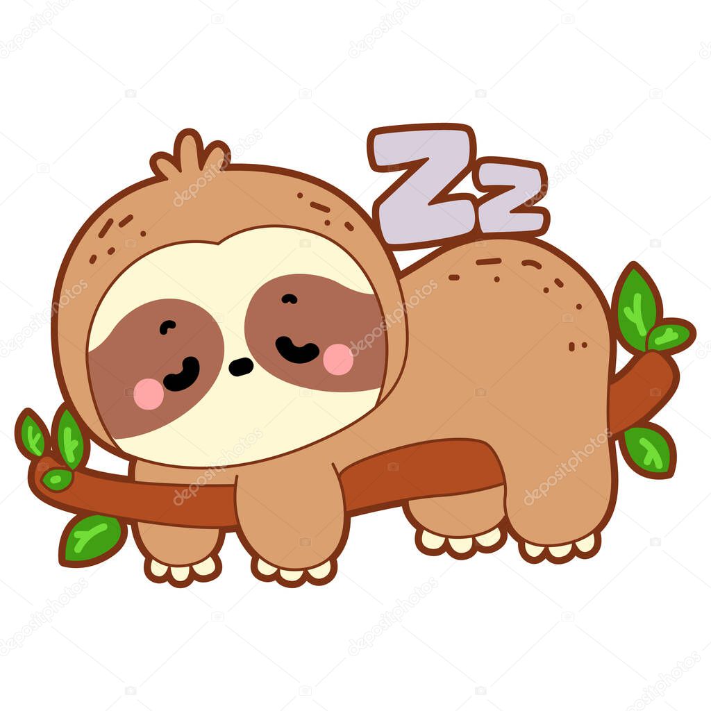 Cute sloth vector icon. Funny baby sloth animal series stock illustration. Slow life of fluffy sloth designs. Coloring pages of cute sloth. SLoth was sleeping in the branch