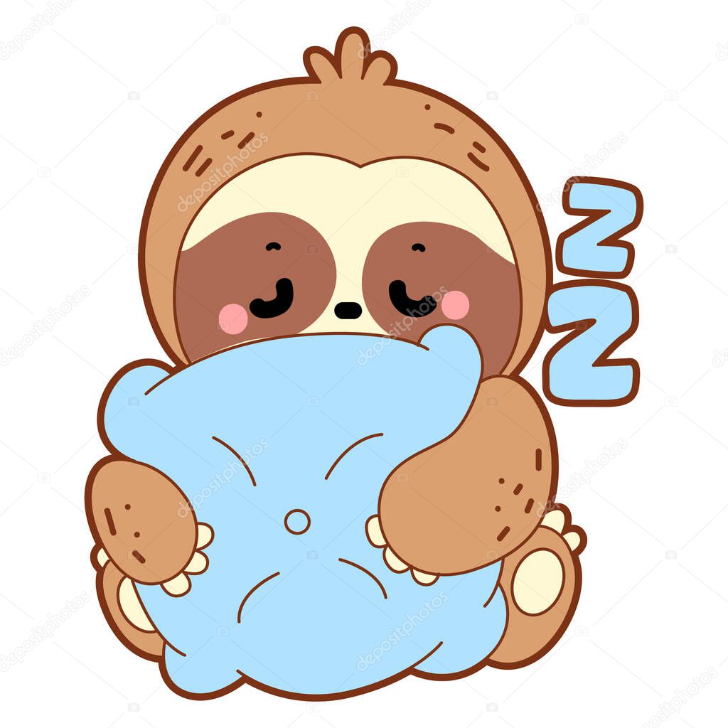 Cute sloth vector icon. Funny baby sloth animal series stock illustration. Slow life of fluffy sloth designs. Coloring pages of cute sloth. Sloth hugging a pillow