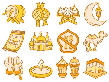 Ramazan ikonu seti. Müslüman Mübarek 'in resmi. Müslüman ya da İslam unsurlarının el çizimi..