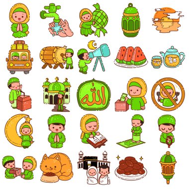 Ramazan ikonu seti. Müslüman Mübarek 'in resmi. Müslüman ya da İslam unsurlarının el çizimi..