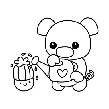 Tatlı domuz ikonu. Aktivite öğelerinde komik domuz. Sevimli domuzun boyama sayfaları. Bir kaktüsü sulayan domuzun ana hatları.