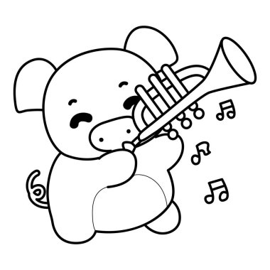 Tatlı domuz ikonu. Aktivite öğelerinde komik domuz. Sevimli domuzun boyama sayfaları. Trompet çalan domuzun ana hatları