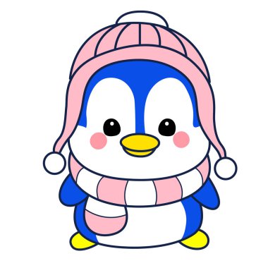 Şirin penguen ikonu. Soğuk hava şartlarında komik penguen. Sevimli penguenlerin boyama sayfaları. Penguen kışlık kıyafet giyiyor.