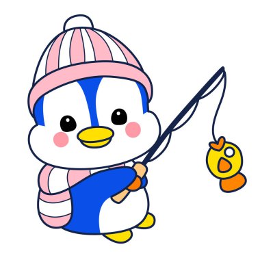 Şirin penguen ikonu. Soğuk hava şartlarında komik penguen. Sevimli penguenlerin boyama sayfaları. Penguen balık yakaladı.