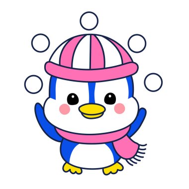 Şirin penguen ikonu. Soğuk hava şartlarında komik penguen. Sevimli penguenlerin boyama sayfaları. Penguen kartopu oynuyor