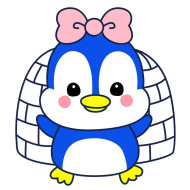 Şirin penguen ikonu. Soğuk hava şartlarında komik penguen. Sevimli penguenlerin boyama sayfaları. İglo ile Penguen