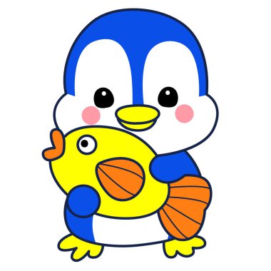 Şirin penguen ikonu. Soğuk hava şartlarında komik penguen. Sevimli penguenlerin boyama sayfaları. Penguen bir balık getir.