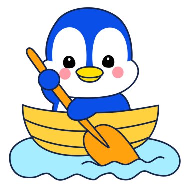 Şirin penguen ikonu. Soğuk hava şartlarında komik penguen. Sevimli penguenlerin boyama sayfaları. Penguen kayığa biniyor.