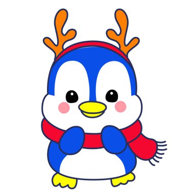 Şirin penguen ikonu. Soğuk hava şartlarında komik penguen. Sevimli penguenlerin boyama sayfaları. Eşarplı ve boynuzlu bir penguen.