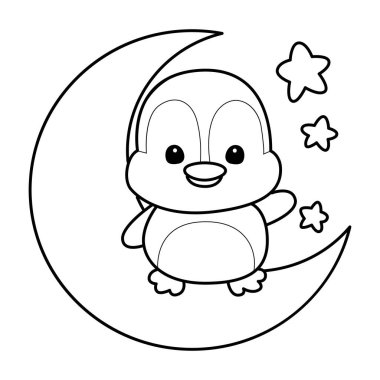 Şirin penguen ikonu. Soğuk hava şartlarında komik penguen. Sevimli penguenlerin boyama sayfaları. Ayda duran penguen çizgisi